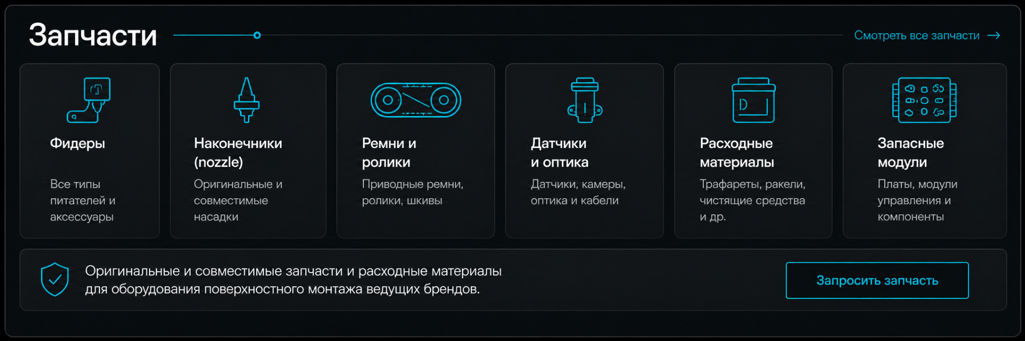 Запчасти для SMT-оборудования: фидеры, сопла, ремни, датчики, расходные материалы и запасные модули